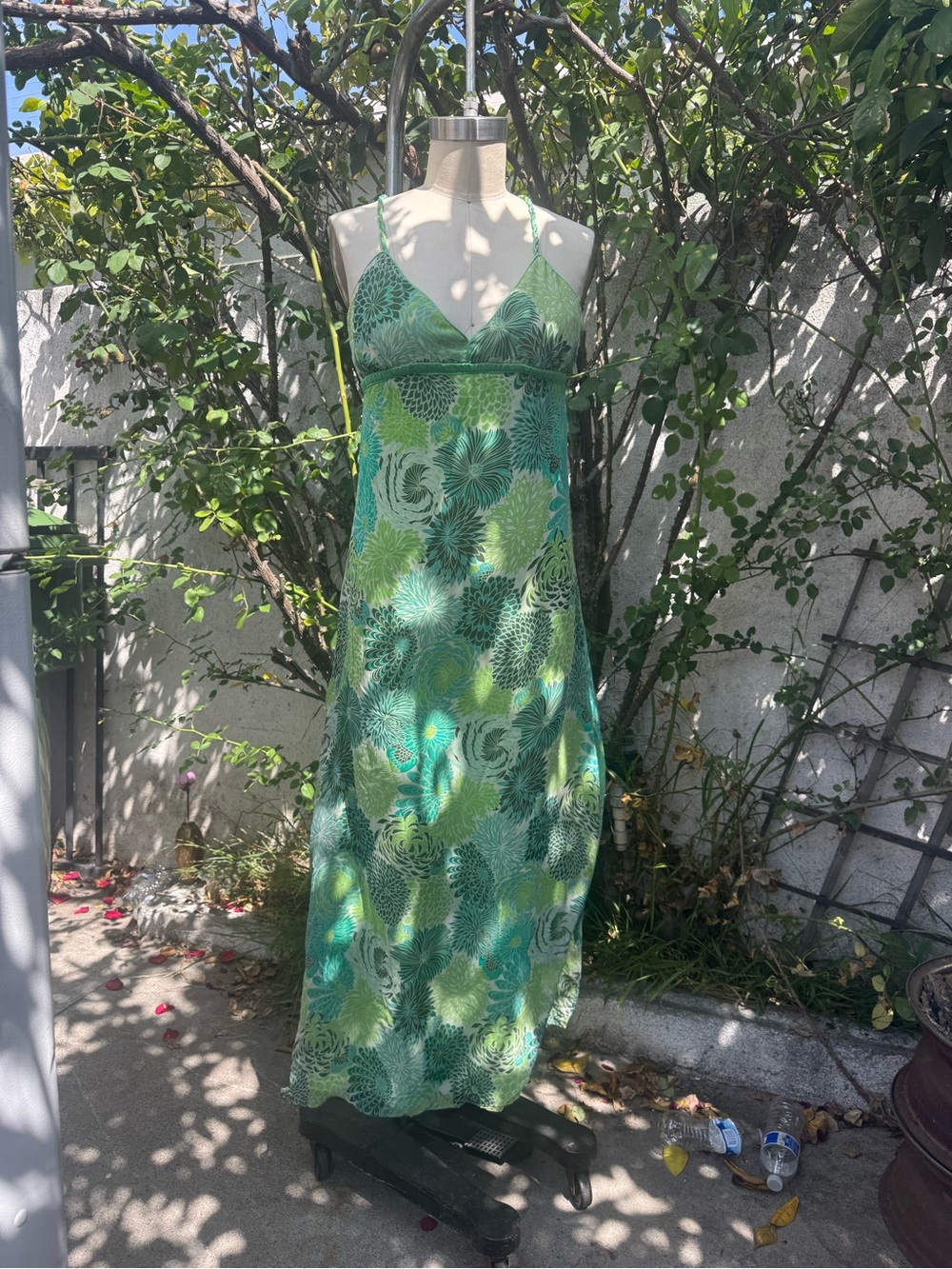 Green Floral Maxi Slip Dress - Sleeveless V-Neck silk 90